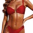 Womens Bikini Set Two Piece Swimsuit with Metal Accent Top High Cut Bottom (Small, Red)
