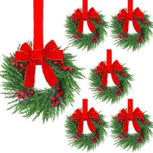 YoleShy 6 Pcs Small Christmas Wreath 12'' Mini Wreaths for Kitchen Cabinet Wreaths with Berry & Red Velvet Bow Ribbon Window Wreath Christmas Xmas Farmhouse Decoration for Front Door Chair Wall