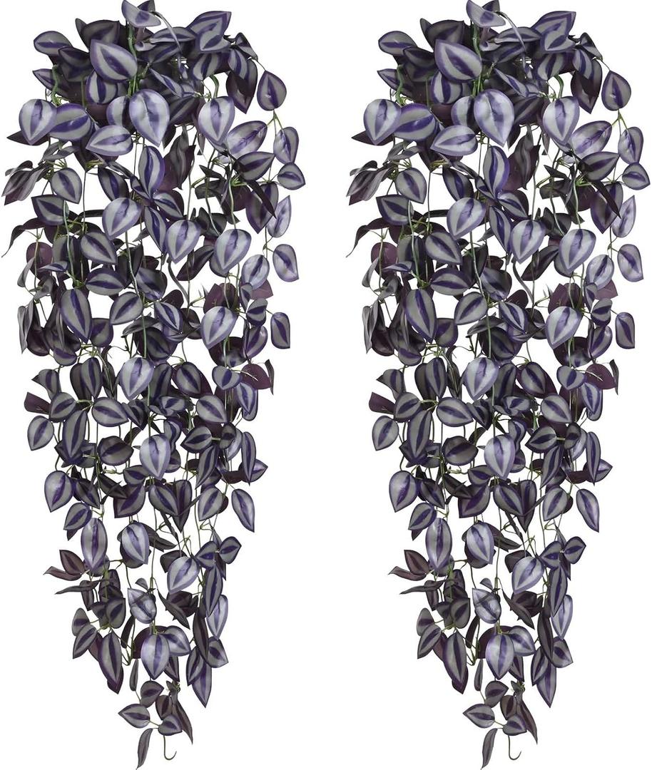 BLEUM CADE Fake Hanging Plants, 2pcs Artificial Hanging Plant, Faux Deep Purple Vines Hanging Plant for Wall Home Living Room Indoor Outdoor Halloween Decor (No Baskets)