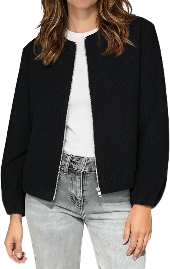 kipfall Womens Wool Blend Bomber Jackets Fall Winter Cropped Zip Up Coat Hoodless Outwear with Pockets (Black)