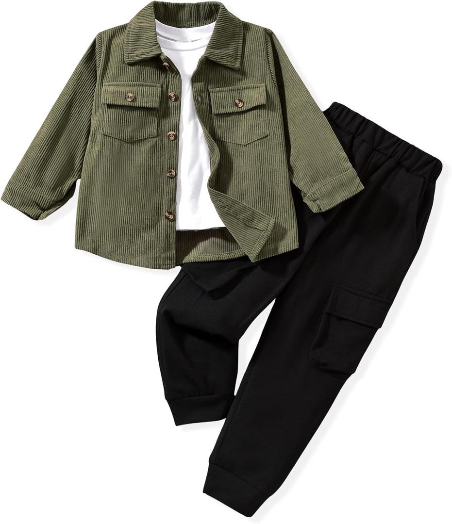 HINTINA 2T Toddler Boy Fall Clothes Corduroy Long Sleeve Button Down Lapel Collared Shacket Jacket White T-shirt Cargo Pants Set 3 Pieces Casual Winter Outfits Spring Clothing, 2-3 Years, Army Green