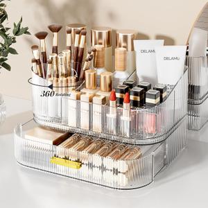 Delamu Makeup Organizer for Vanity with Stackable Drawers, 360 Rotating Makeup Brush Holder Large Cosmetic Display Case for Dresser, Bathroom Countertop Skincare Organizers and Storage, Crystal Clear