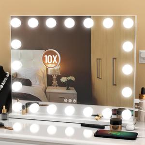 Vanity Mirror with Lights, 23"x 18" Large Hollywood Vanity Mirror with 10X Magnification & 20 Dimmable 3 Colors Modes LED Bulbs, Type-C Charging Port, Metal Frame, White.