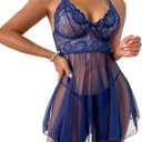 Women's Lingerie Sexy Lace Babydoll Dress Pajamas with Pantie (Navy, 2XL)