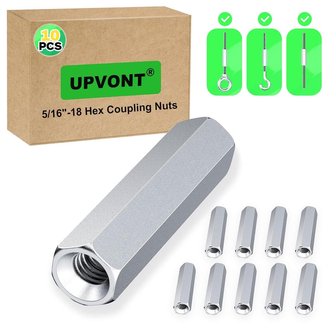 Hex Coupling Nuts, Rod Coupling Nuts 5/16"-18 UNC, 1-3/4" Length (10 PCS), Ideal for Threaded Rods & Studs, 1.75-Inch Length with Zinc Plating (10 PCS)
