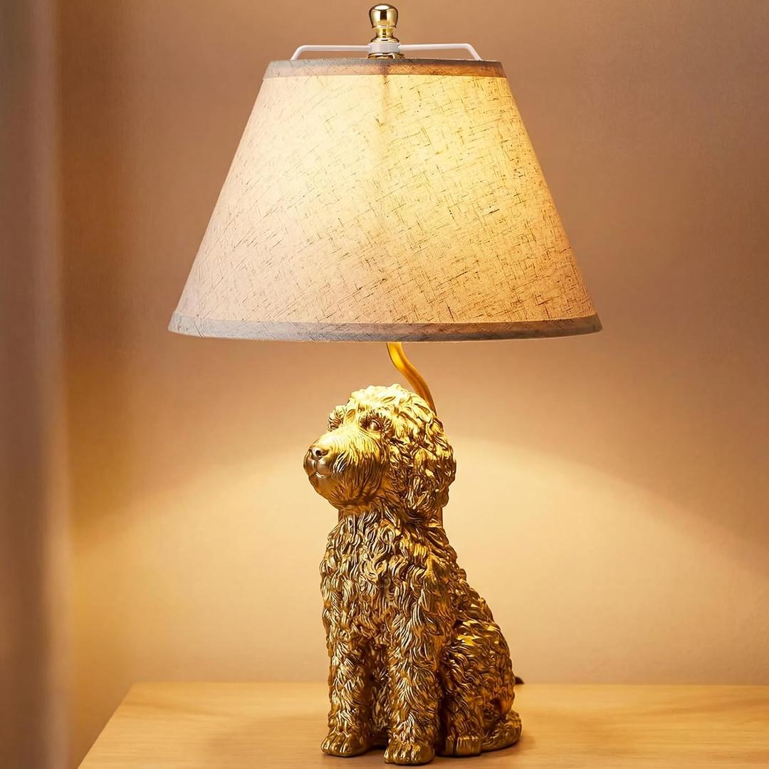 Tuanse 22'' Goldendoodle Dog Lamp Gold Dog Lamp Resin Golden Doodle Table Desk Lamps White Polyester Shade Cute Bedside Nightstand Lamps for Bedroom Living Room Aesthetic Unique Home Room Decor Gift