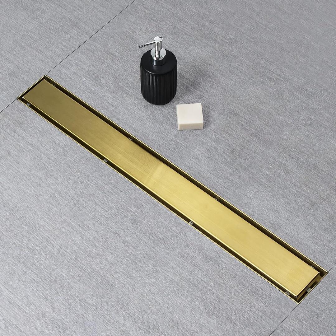 SaniteModar Linear Shower Drain, Gold Shower Drain 24 inch with 2 in 1 Tile Insert and Flat Panel, AISI 304 Stainless Steel Gold Linear Shower Floor Drain with Hair Strainer and Leveling Feet