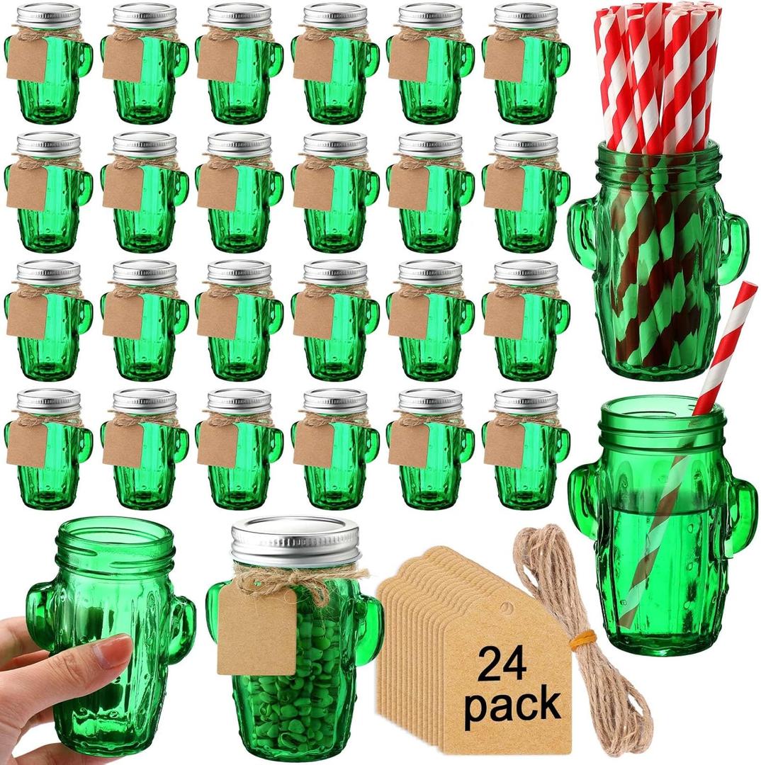 Maxcheck 24 Sets 3oz Cactus Mason Jars Shot Glasses with 24pcs Shot Glasses 24pcs Silver Lids 30pcs Straw, Glass Cactus Decor Favor Jars for Weddings, Decoration Parties DIY Drink Dessert Candle Craft