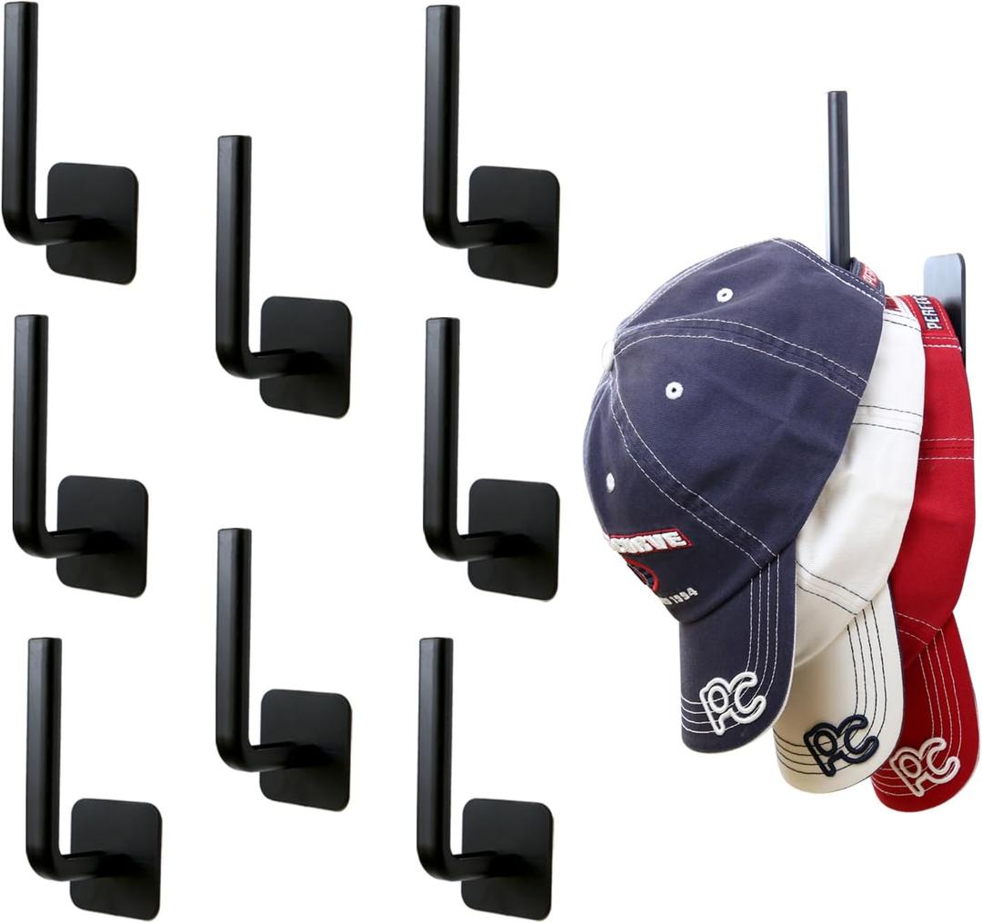 Perfect Curve Adhesive Hooks for Hat Storage (8-Pack), Multi-Purpose Organizer, Versatile, No Drilling, Hat Organizer, Durable Hooks for Baseball Caps and Accessories, Black