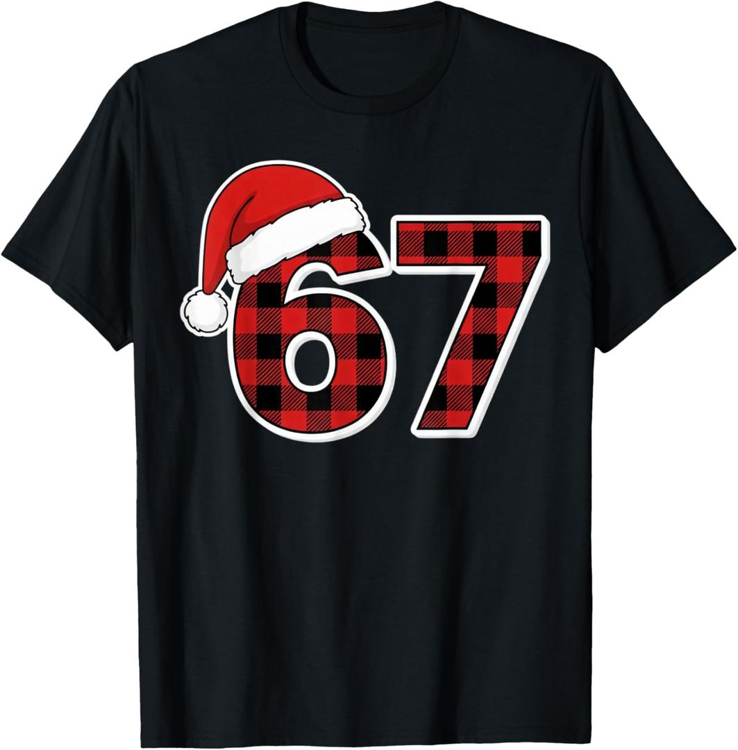 67 Meme Funny Christmas Red Plaid Xmas Pajamas Slang Kids T-Shirt, Size Kids 10