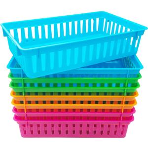 KWAGOCAR 8 Pack Classroom Storage Baskets Bins Colorful Plastic Organizer Basket Small Pencil Holder Tray Mesh Bins for Paper Desk Shelf Home School Office Arts Crafts Toy File Organization