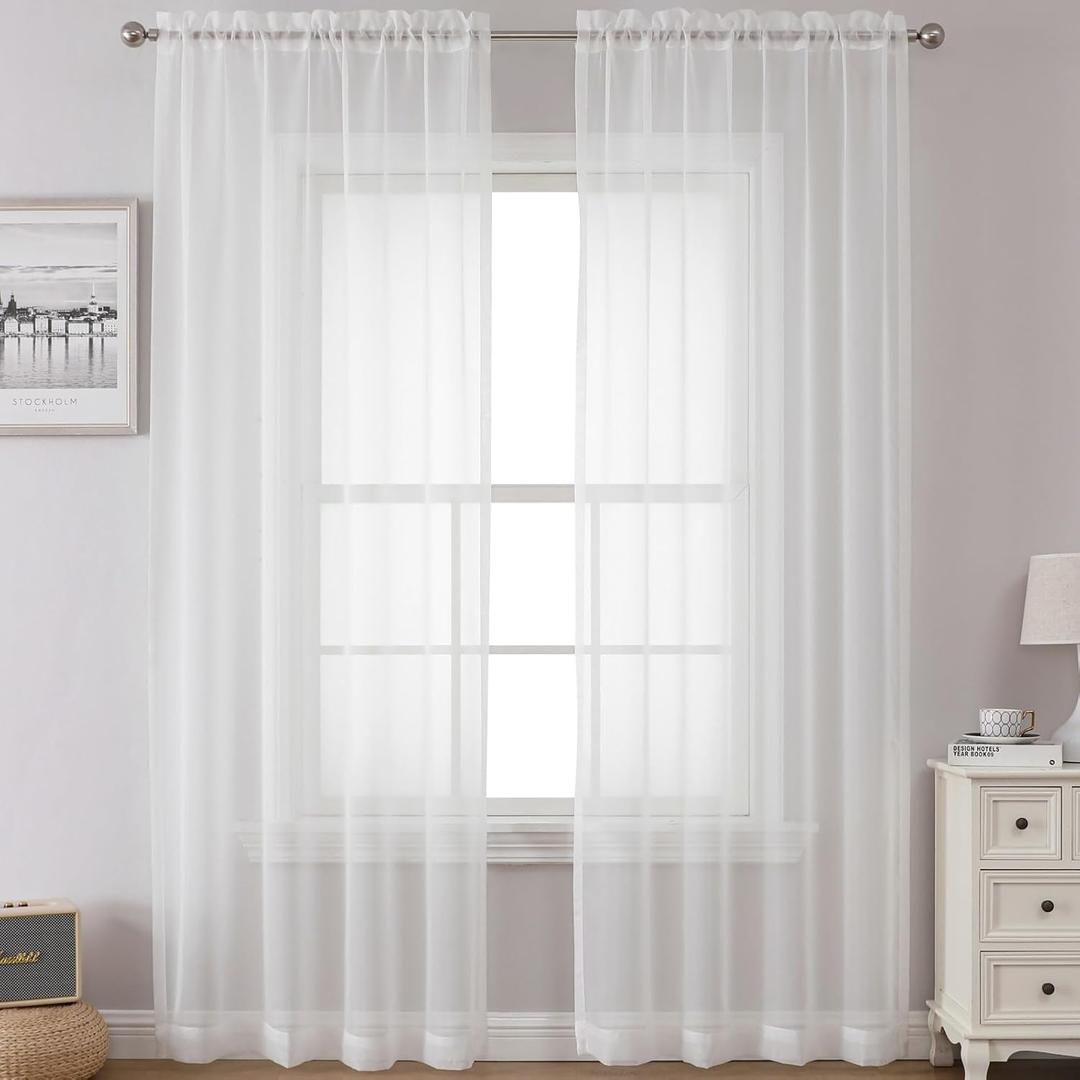 Airwill White Sheer Curtains, 96 Inches Length, 2 Panels Set, Light Filtering, Rod Pocket, Elegant Bedroom Curtains (White, 42" W x 96" L) 