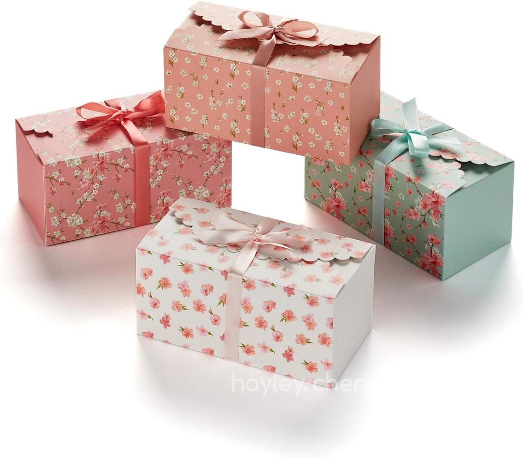 Floral Gift Boxes with Lids & Ribbons (20 Pack) 8 x 4 Cute Decorative Spring Treat Boxes Empty for Small Presents, Cookies, Mithai Indian Sweets, Mothers Day, Candy, Party Favors, Bulk Unique Return