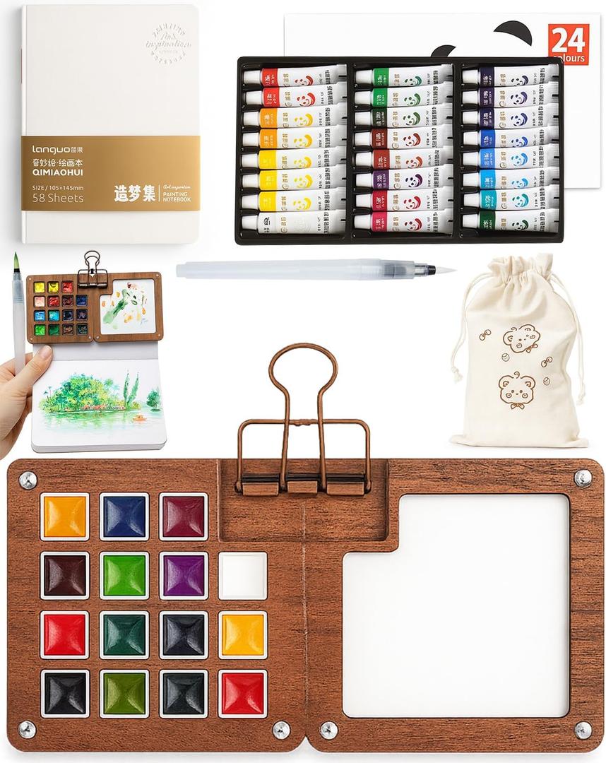Pocket Artist Watercolor Travel Set, Travel Paint Palette, Wooden Paint Palette Travel Kit, Mini Portable Watercolor Palette with Clip for Artists Painters Students (24 Colors 15 Grid Set)