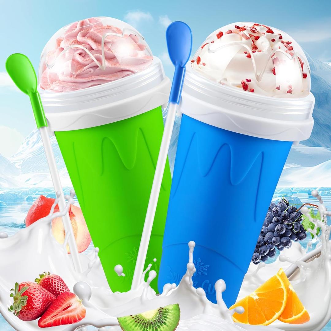 Tgosomt 2Pack Slushie Maker Cup, Quick Magic Squeeze Smoothies Cup, DIY Frozen Slushy Cups, Juice Milk shake Yogurt Ice Cream Maker, Double Layers Cooling Cups, Cool Fun Gifts (Blue&Green)