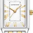 Gold Watches for Women with Vintage Rectangular Case, White Roman Dial, Stainless Steel Band, Adjustment Tool Included, Water Resistant