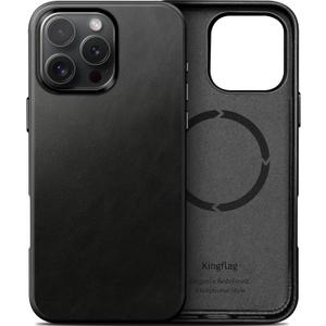 kingflag Genuine Leather Case for iPhone 16 Pro Max 6.9 inch, Compatible with MagSafe, Oil Wax Top-Grain Leather, Metal Buttons and Camera Bezel Midnight Black