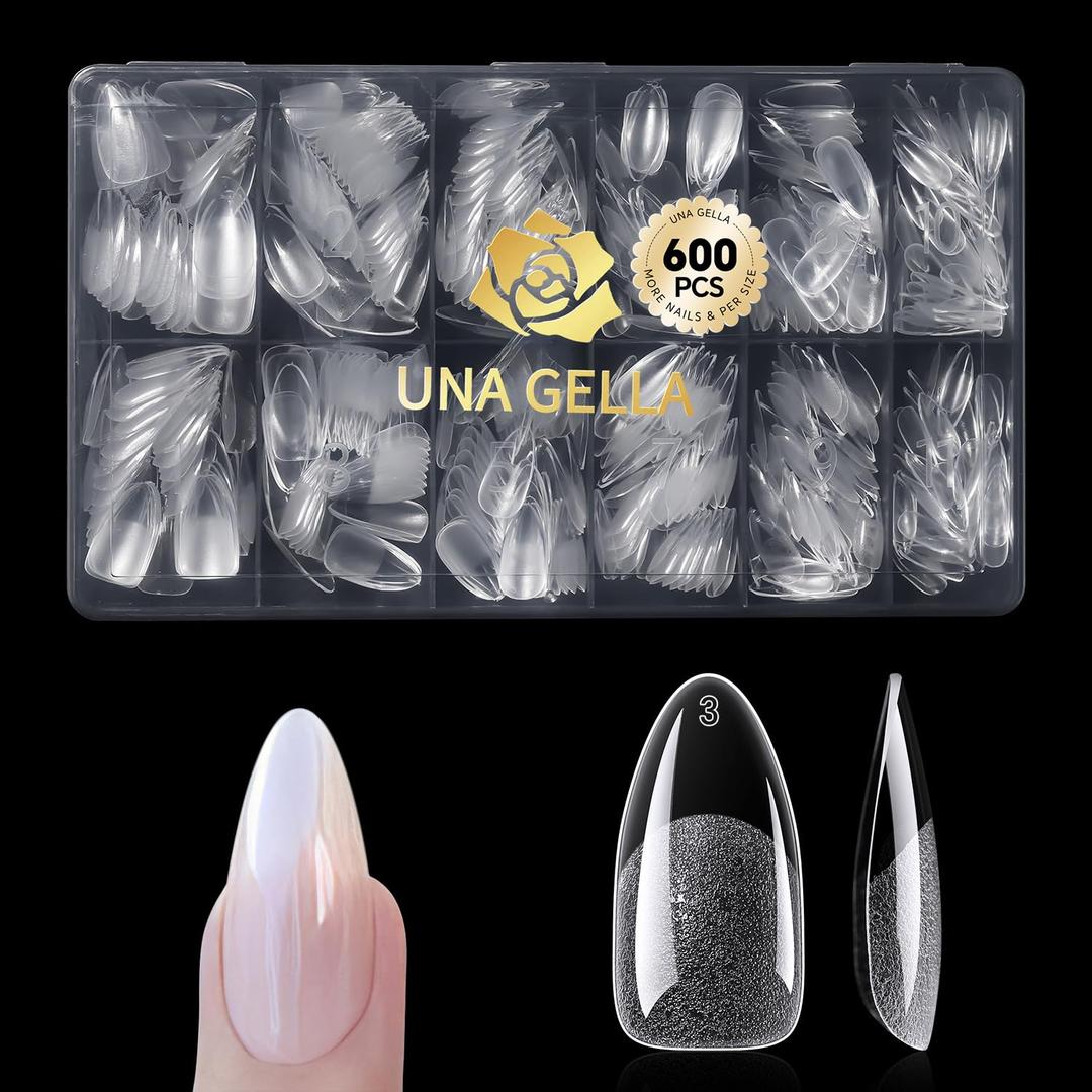 UNA GELLA Almond Gel Nail Tips 600 Pcs Pre Etched Medium Almond Shaped Nails Full Cover Press On Nails 12 Sizes Clear Fake Soft Gel Tips for Flat & Curved Nail Bed Extension Home DIY Salon