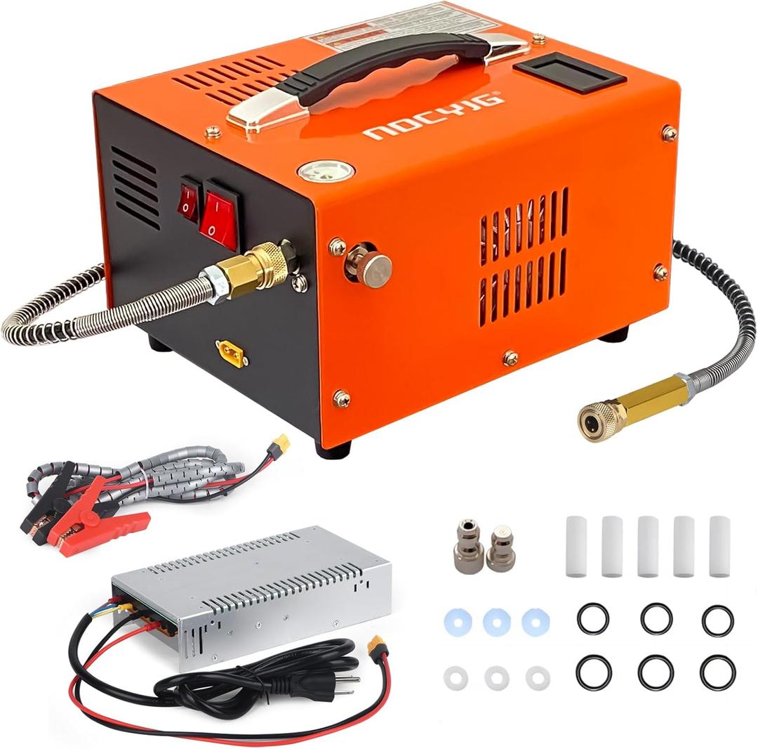 Pcp air compressor 4500PSI Portable PCP Compressor, 12V DC/110V AC PCP Airgun Compressor Manual-stop, w/External Power Adapter, Built-in Fan, Suitable for Paintball, Air Rifle, Scuba Bottle (Orange)