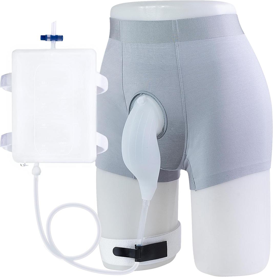 External Catheter for Men with Detachable Silicone Urine Bag (1000mL) | Wearable Urine Collector for Men with Reusable Tube 39.4in, Adjustable Anti-Slip Straps | Home & Daily Use (XL, Gray+white Bag)