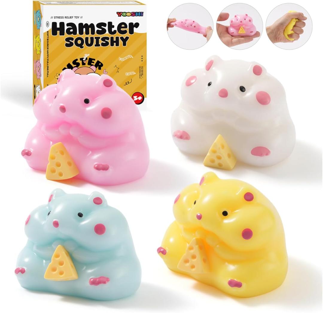 4 x 4Pcs Taba Hamster Squishy Stress Relief Toys, Cute Kawaii Animal Fidget Toys with Cheese Accessory, Handmade Sensory Squishies for Anxiety Relief, Kids & Adults, Classroom Prizes, Party Favors, Gifts