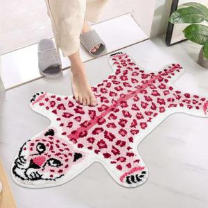 Cute Pink Leopard Bath Mat for Bathroom, Pink Cartoon Leopard Bathroom Rugs and Mat Non-Slip Animal Shaped Shower Rug Carpet Kid Playmat Absorbent Bathtub Rug