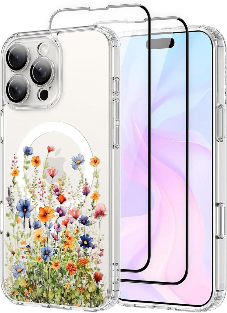 OOK Magnetic Case for iPhone 16 Pro Case Cute Flower Design with 2 PCS Screen Protector [Compatible with MagSafe] for Girls Women Floral Clear Slim Shockproof Phone Cover-Colorful Flowers