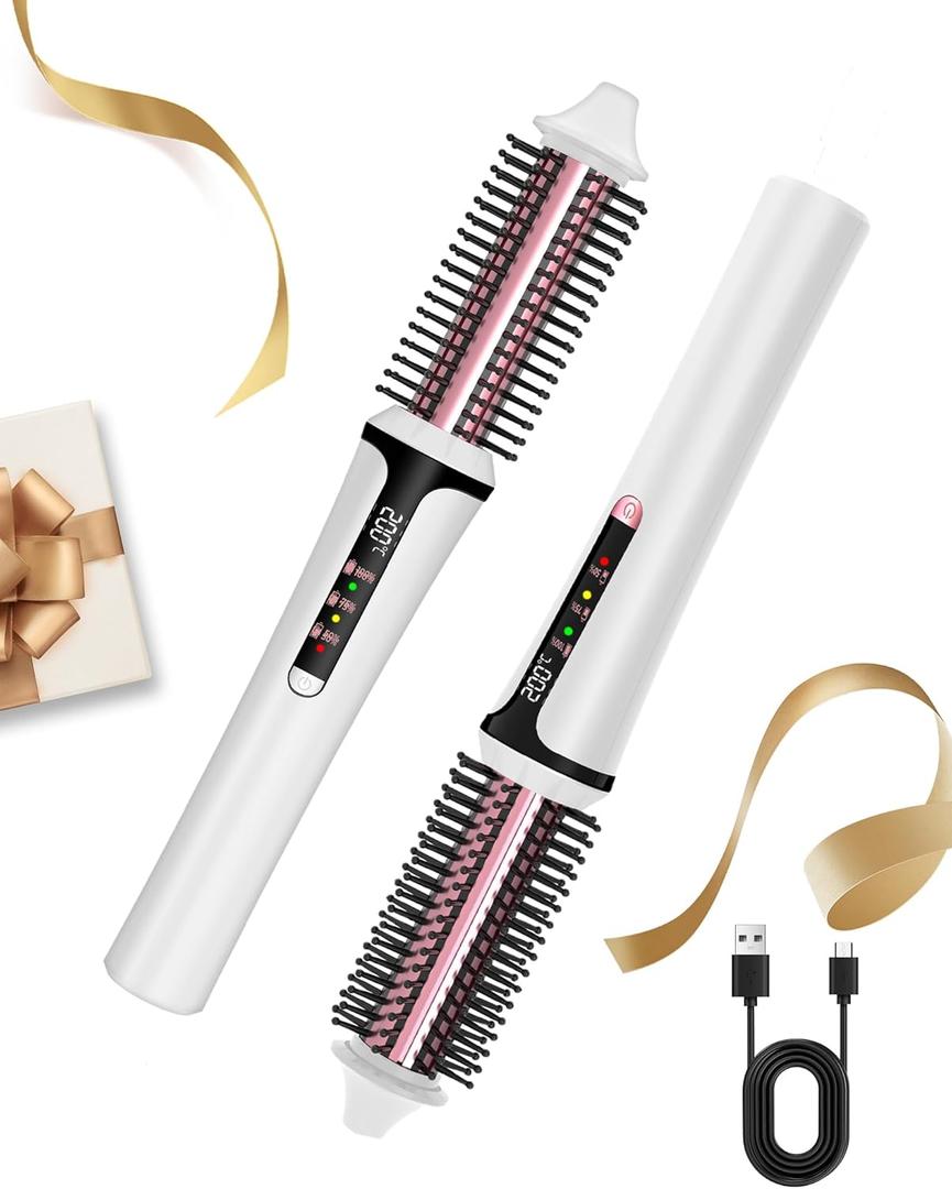 Cordless Curling Brush,4000 mAh USB Cordless Hair Curler with 3 Temp Setting Mini Travel Curling Iron Rechargeable, Ceramic Battery Powered Curling Iron (White)