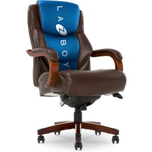 La-Z-Boy Delano Big & Tall Executive Office Chair, Ergonomic Mid-Back Body Pillow Lumbar Support, ComfortCore Memory Foam Cushion, Mahogany Wood Arms & Swivel Base, Bonded Leather, Chestnut Brown
