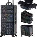 Stagiant Rolling Makeup Case Cosmetology Case on Wheels 4 in 1 Large Makeup Travel Case Nail Kits Organizer Train Case with Key Make Up Artist Salon Storage Traveling Cart Trunk Black Star