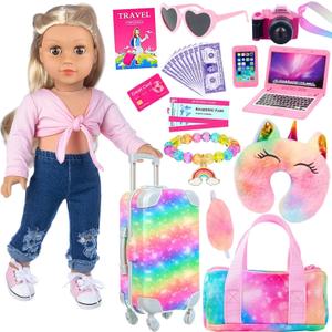 K.T. Fancy 23 PCS American 18 Inch Doll Accessories Suitcase Luggage Travel Set - Rainbow Suitcase Rainbow Bag Camera Computer Cell Phone Neck Pillow Eye Mask Glasses Gift for Christmas (NO Doll And Bag)