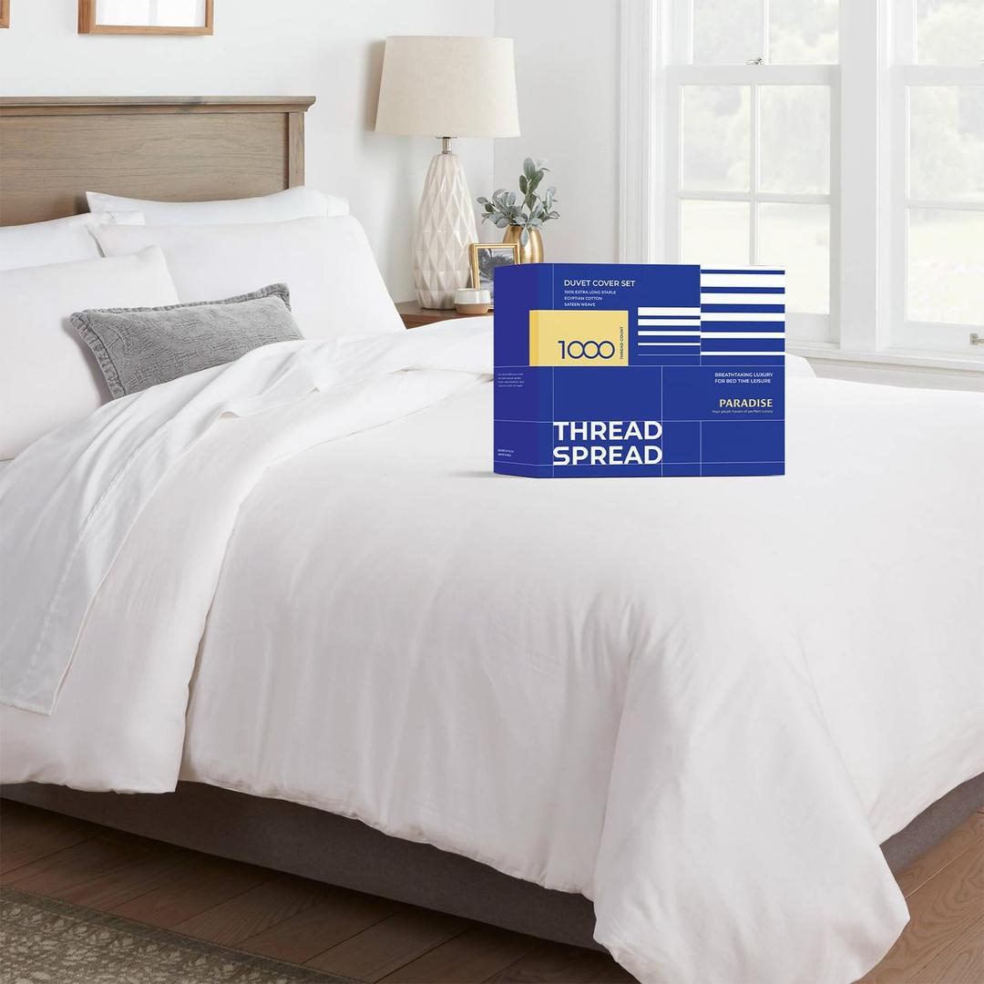 THREAD SPREAD Queen/Full Duvet Cover, 1000 Thread Count Sateen 1 Piece Egyptian Cotton Quality Duvet Cover, 100% Pure Cotton Comforter Cover, Zipper Closure, 7 Corner Ties - (White)