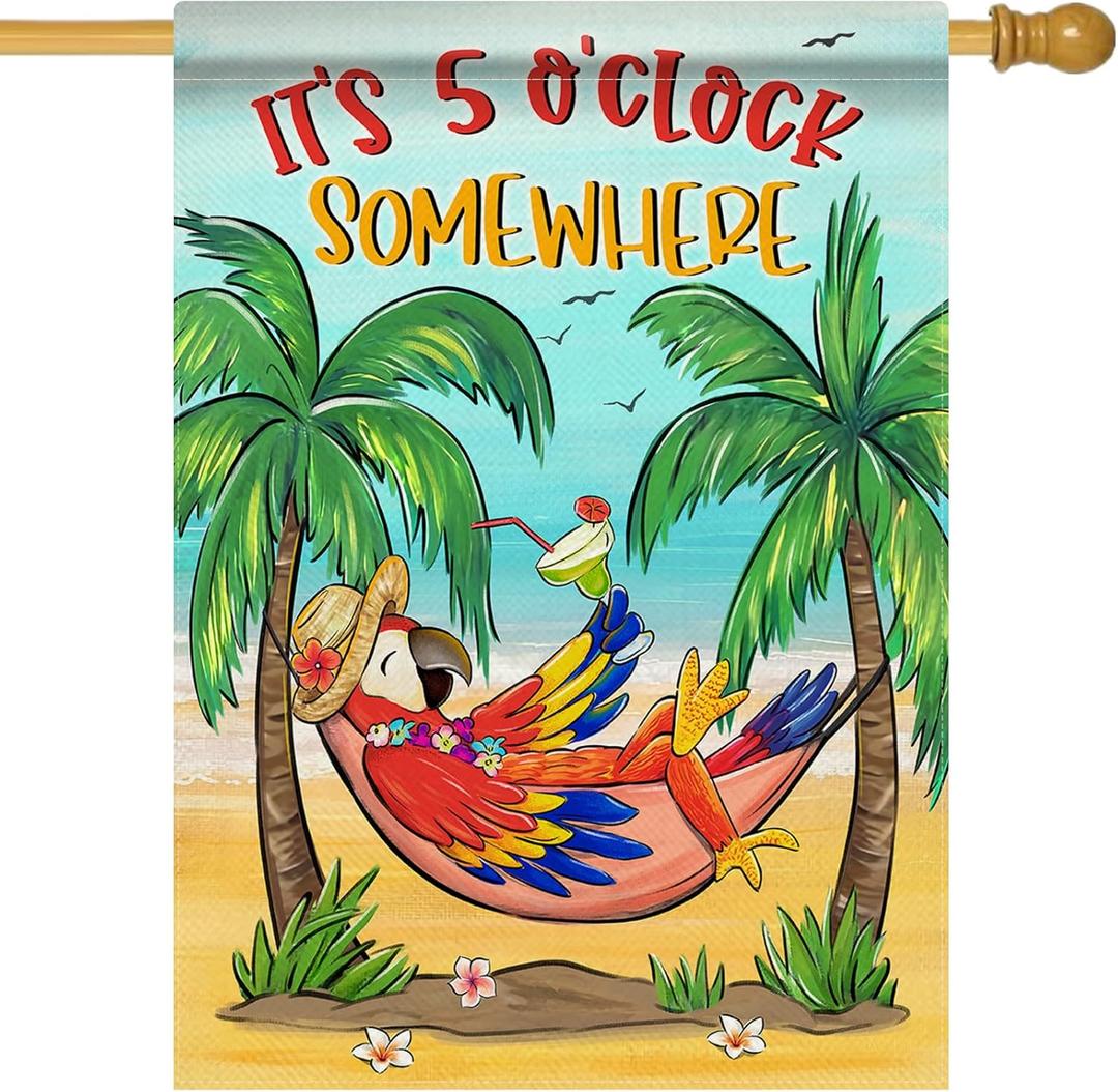 Welcome Summer Parrot Bird Decorative House Flag, It's 5 O'clock Somewhere Beach Coastal Tropical Palm Tree Garden Yard Outside Decorations, Hawaii Nautical Outdoor Large Home Decor 28 x 40