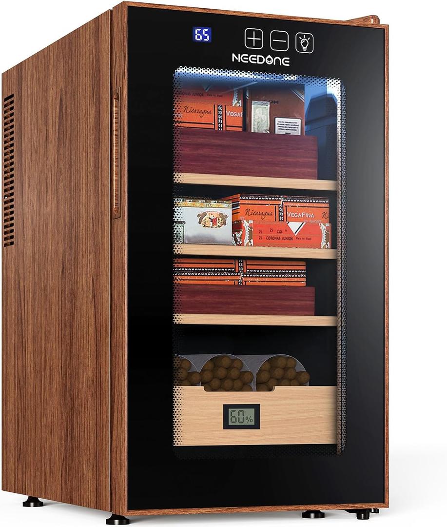 NEEDONE Electric Cigar Humidor 48L with Heating & Cooling Quiet Control, Thermostatic Cabinet for 350 Counts with Spanish Cedar Wood Shelves Drawer with Hygrometer, Gift for Men, Woodgrain
