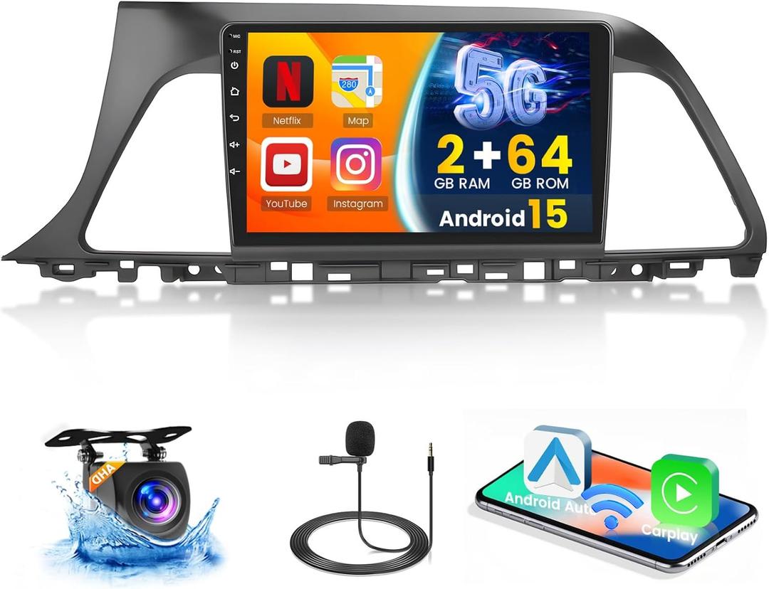 [4Core 64G] Android 15 Car Stereo for Hyundai Sonata 2015 2016 2017, Hikity 9" Touchscreen Sonata Car Radio Wireless Carplay Android Auto Mirror Link 5G WiFi GPS Bluetooth SWC FM/EQ Backup Cam+Mic