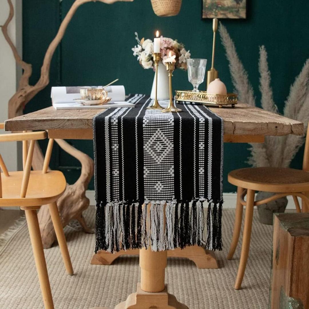 Boho Table Runner with Tassel, Farmhouse Table Runner 71 Inches Long for Dining Table Decor, Wedding, Party and Dresser Decor, Black and White (13.5''x71'')