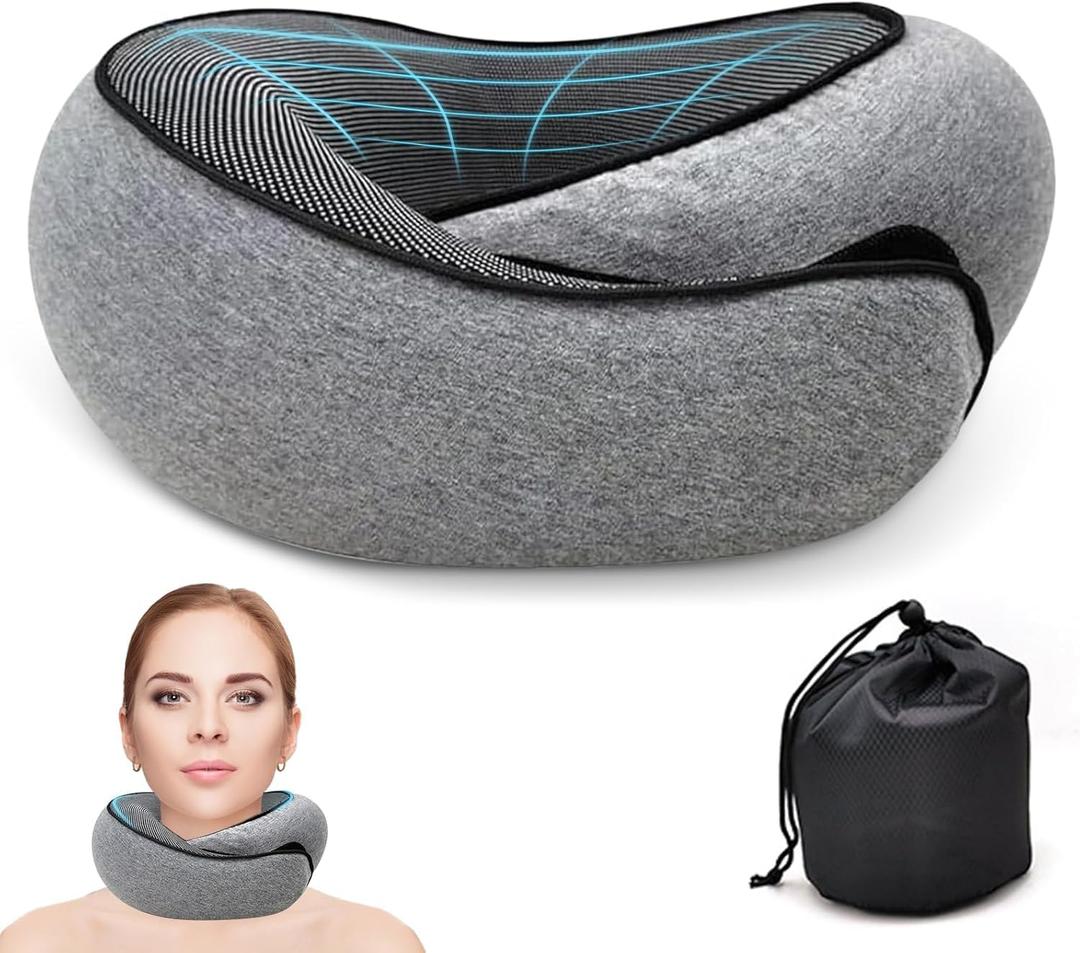 Travel Neck Pillow for Airplanes 100% Memory Foam, 360 Head Support, Breathable & Washable Cover, Compact for Travel, Car & Flights