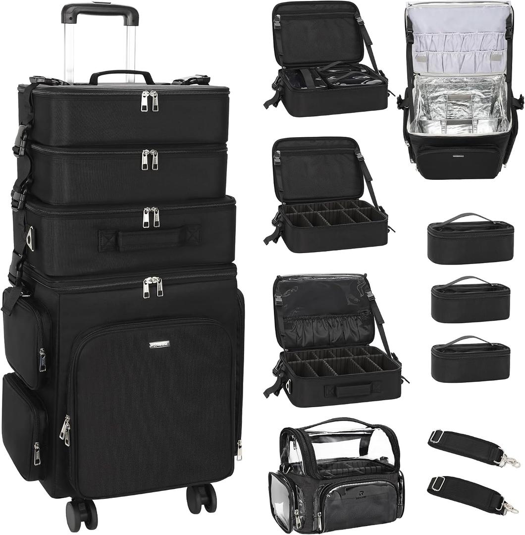 Relavel Rolling Makeup Case, 4 in 1 Hairstylist Traveling Bag with Clear Makeup Brush Case, Cosmetology Case on Wheels Large Hair Tools Cosmetics Train Case Makeup Artist Storage Organizer Trolley