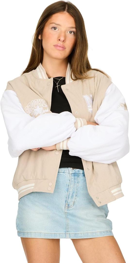 Forever 21 Women's Oversized Corduroy Bomber Jacket – Snap Button Varsity Coat with Front and Back Patches, Ribbed Trim, Contrast Sleeves, Streetwear Style L