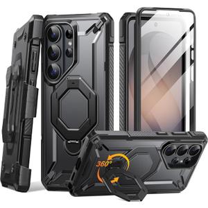 TONGATE for Samsung Galaxy S26 Ultra Case with 360 Spin Magnetic Stand, Compatible with MagSafe, Built-in Screen Protector & Belt Clip, Non-Slip Military Grade Protection Case for S26 Ultra, Black
