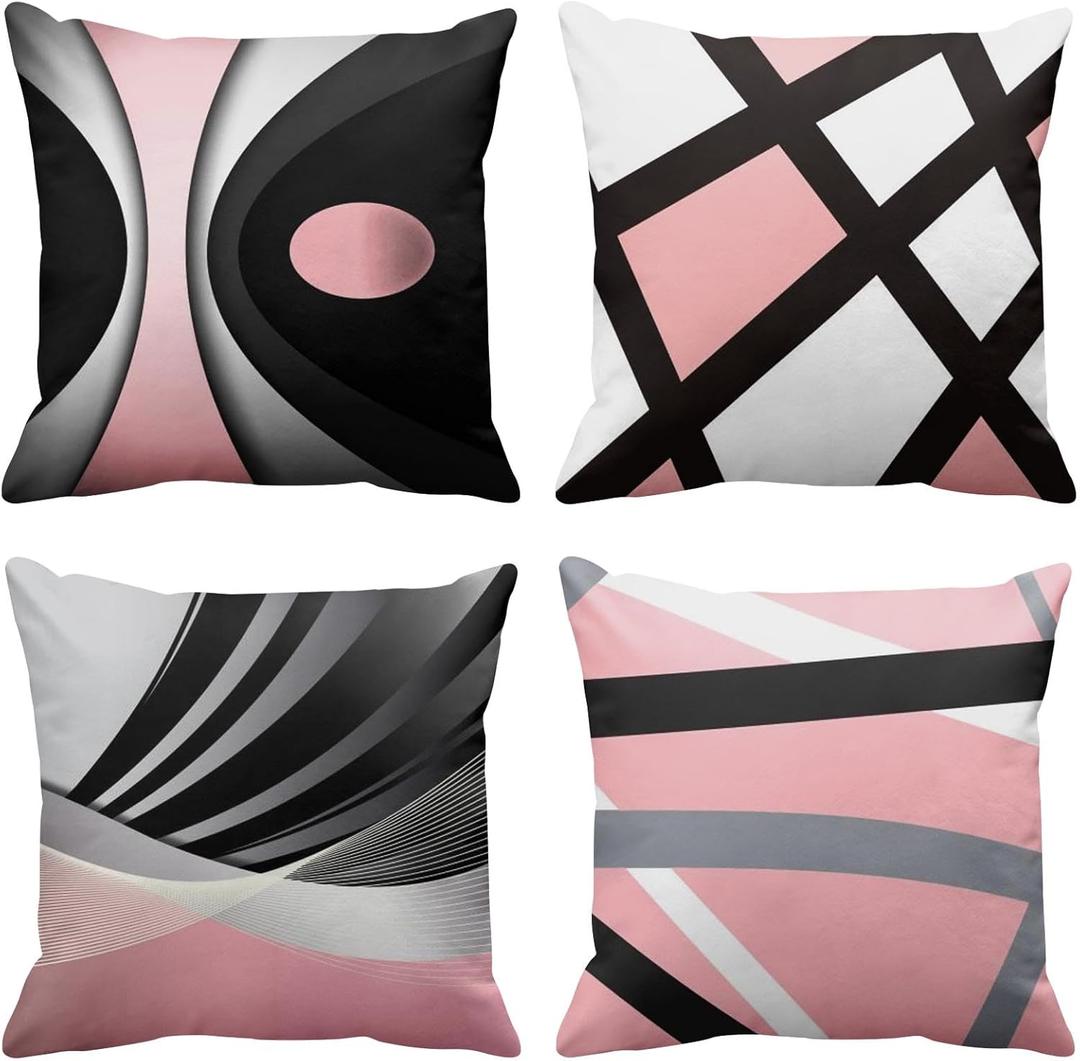 Emvency Set of 4 Soft Pink Throw Pillow Covers Modern Abstract Black Grey Stripes Gray White Acrylic Bold Decorative Pillow Cases Home Decor Square 16x16 Inches Pillowcases