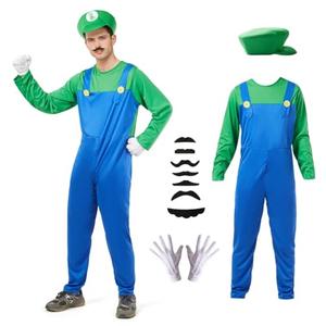 Sohaleway Halloween Costume Men Adult,Plumber Jumpsuit Cosplay Costume with Hat Gloves Moustache Accessories Set M