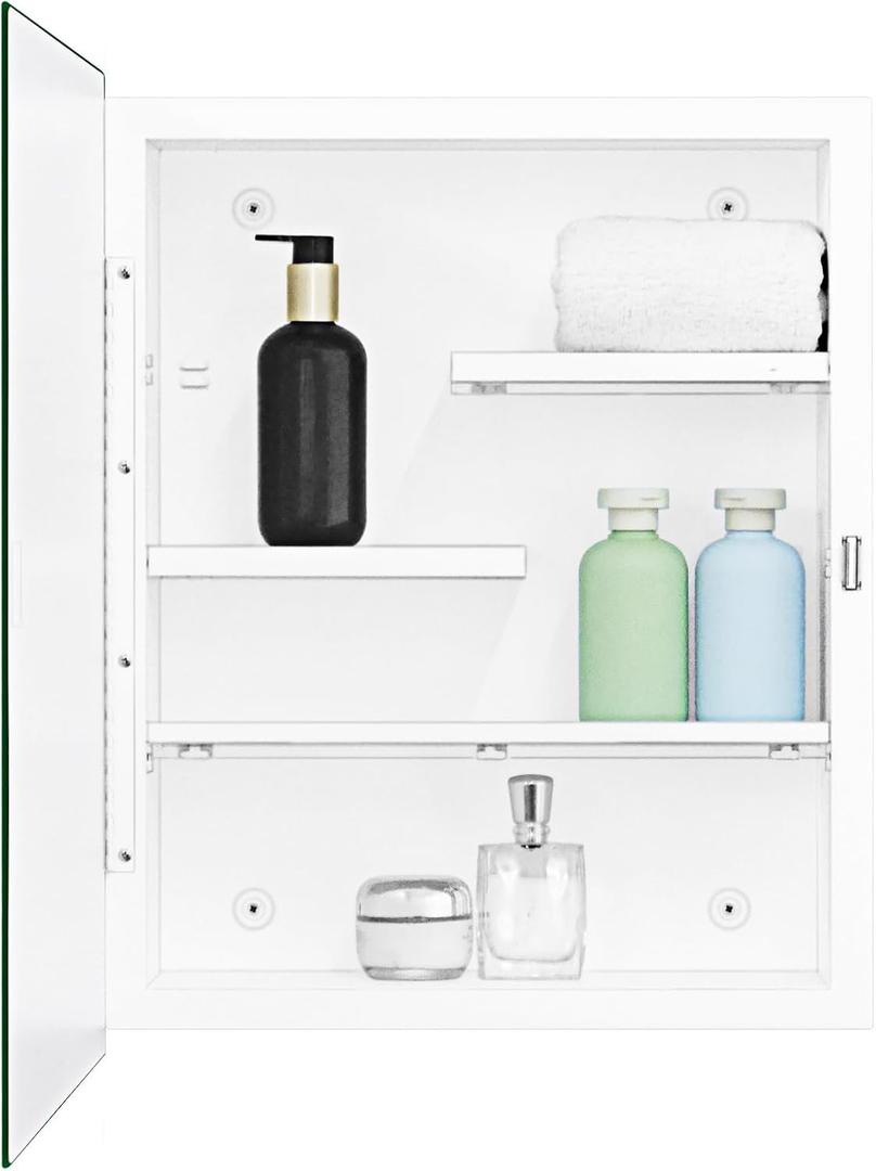 White Metal Medicine Cabinet, 16 x 20 Beveled Mirror, Surface Mount Storage