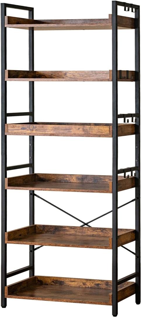 HCHQHS Adjustable 6 Tier Open Bookcase, Rustic Farmhouse Book Shelves, Industrial Wood and Black Metal Bookshelves, Mid Century Bookcase for Home Office, Living Room, Bedroom