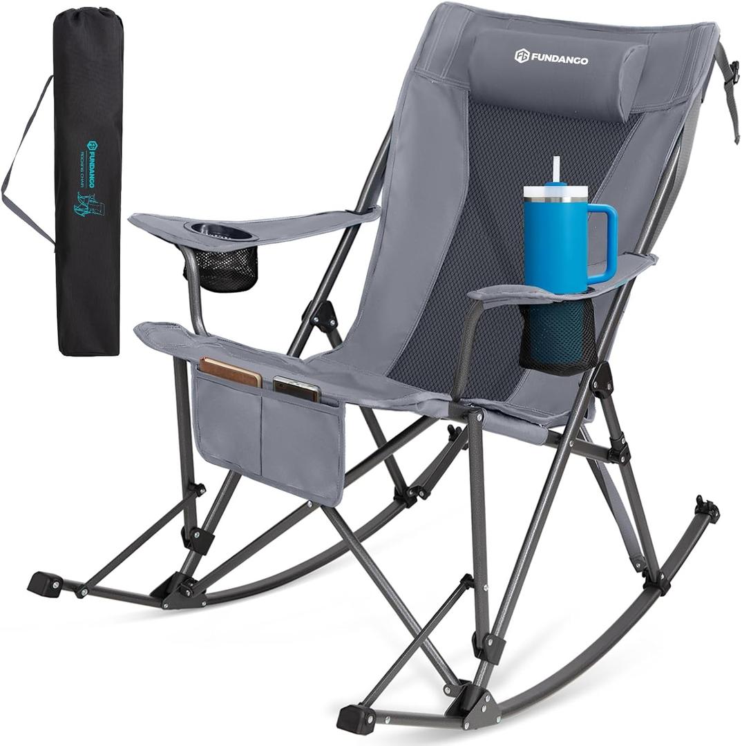 FUNDANGO Oversized Rocking Camping Chair for Adults, Portable Folding Lawn Chairs for Outside with Pillows, Wide Armrest, 2 Cup Holders, Carry Bag for Patio Garden Outdoor Supports 400Lbs (Grey)