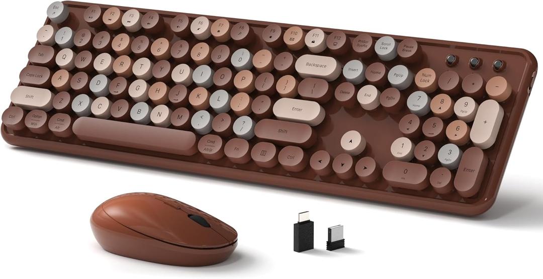 Wireless Keyboard and Mouse, Full-Size Retro Typewriter Keyboard with Round Keycaps, 2.4GHz for Windows, Mac, Laptop, PC, Desktop (Coffee Colorful)
