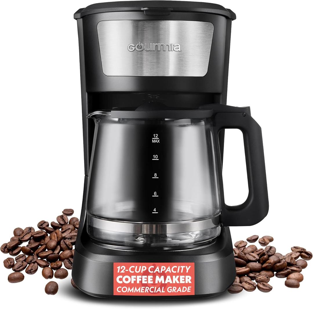 Gourmia 12 Cup One-Touch Coffee Maker  Pause and Serve with Automatic Keep Warm, Easy View Water Window, Compact Design, Stainless Steel Accents, Black
