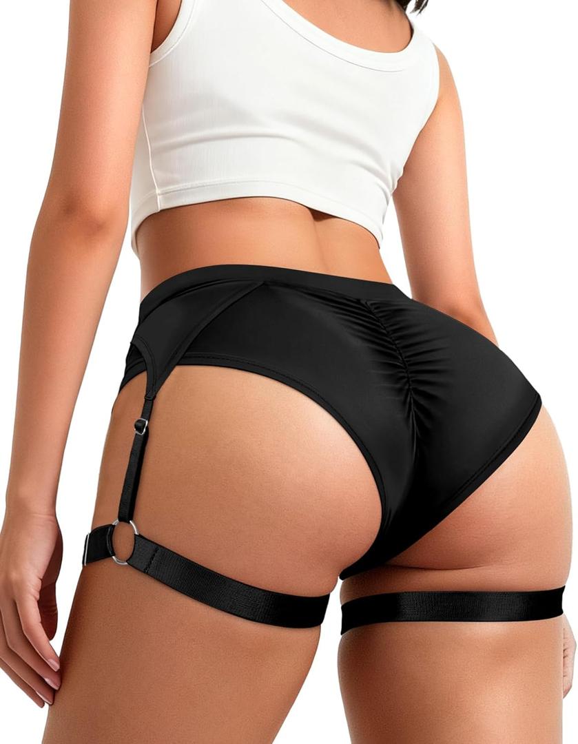 Women's Booty Shorts with Garters High-Waisted Biker Hot Pants Gym Workout Running Shorts Rave Outfits for Festival (Medium, Black)