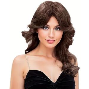 H&Bwig Farrah Fawcett 70s Feathered Disco Wig, Vintage Brown Long Natural Synthetic Wig for Lady, Party Cosplay Costume Fashion Accessory
