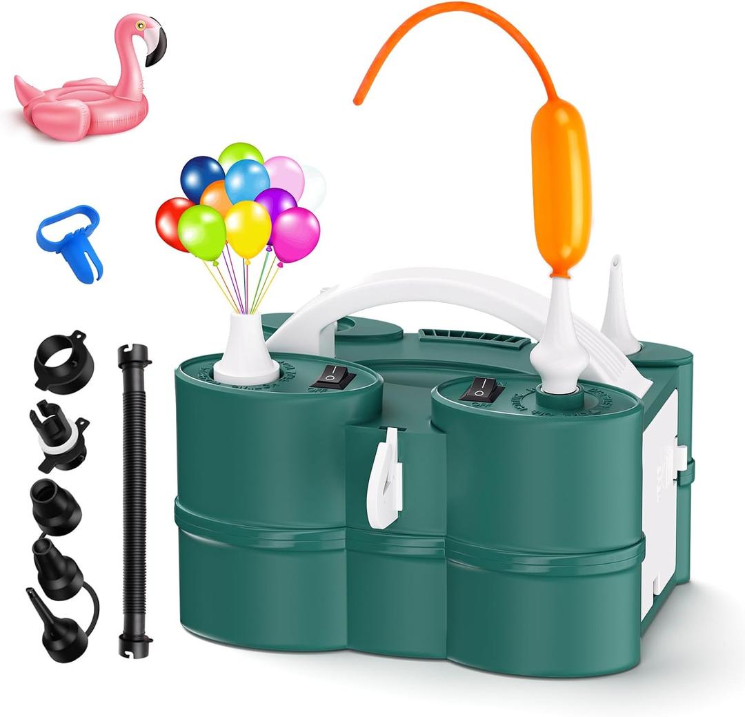 IDAODAN Electric Balloon Pump, Portable Electric Balloon Blower Machine Balloon Air Pump Dual Nozzle Rose Red 110V 600W Balloon Inflator for Party Decorations (Green)